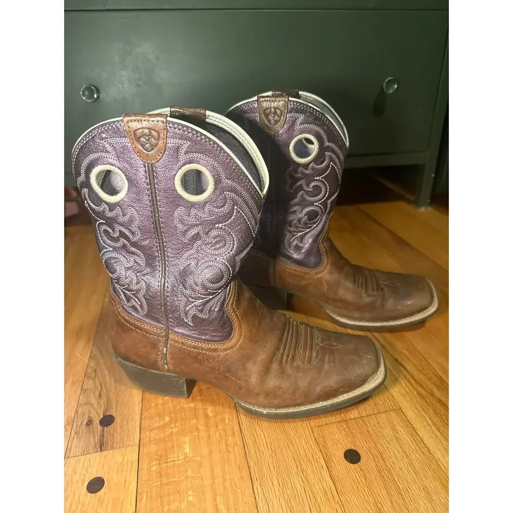 Ariat Youth Cowboy Boots Girls Sz 4 Brown Purple Square Toe Western Leather